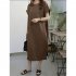 Women Summer Casual Round Neck Dress Solid Color Short Sleeve Loose Slit Long Dress Brown 3XL
