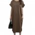 Women Summer Casual Round Neck Dress Solid Color Short Sleeve Loose Slit Long Dress Brown 5XL