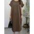 Women Summer Casual Round Neck Dress Solid Color Short Sleeve Loose Slit Long Dress Brown 5XL