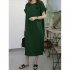Women Summer Casual Round Neck Dress Solid Color Short Sleeve Loose Slit Long Dress dark green S