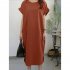 Women Summer Casual Round Neck Dress Solid Color Short Sleeve Loose Slit Long Dress rose Red L