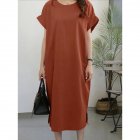 Women Summer Casual Round Neck Dress Solid Color Short Sleeve Loose Slit Long Dress rust red S