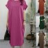 Women Summer Casual Round Neck Dress Solid Color Short Sleeve Loose Slit Long Dress rust red 2XL