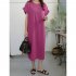 Women Summer Casual Round Neck Dress Solid Color Short Sleeve Loose Slit Long Dress rust red 2XL