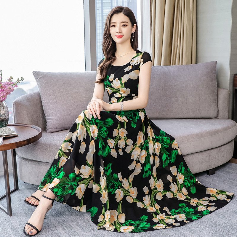 Women Summer Casual Short Sleeve Floral Printing Long Dress green_XL