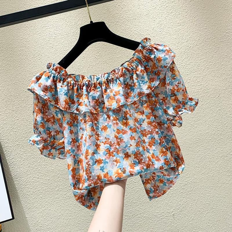 Women Summer Chiffon Blouse Sexy Off Shoulder Floral Print Short Sleeves Fashion Tops Work Shirts pink 3XL