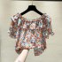 Women Summer Chiffon Blouse Sexy Off Shoulder Floral Print Short Sleeves Fashion Tops Work Shirts yellow L