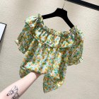 Women Summer Chiffon Blouse Sexy Off Shoulder Floral Print Short Sleeves Fashion Tops Work Shirts yellow 5XL