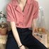 Women Summer Chiffon Shirt Lapel Collar Solid Color Short Sleeve Tops Casual Bottoming Shirt light red XXL