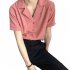 Women Summer Chiffon Shirt Lapel Collar Solid Color Short Sleeve Tops Casual Bottoming Shirt light red XXL