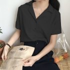 Women Summer Chiffon Shirt Lapel Collar Solid Color Short Sleeve Tops Casual Bottoming Shirt black S