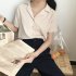 Women Summer Chiffon Shirt Lapel Collar Solid Color Short Sleeve Tops Casual Bottoming Shirt black L