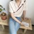 Women Summer Chiffon Shirt Lapel Collar Solid Color Short Sleeve Tops Casual Bottoming Shirt black L