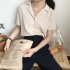 Women Summer Chiffon Shirt Lapel Collar Solid Color Short Sleeve Tops Casual Bottoming Shirt black L