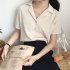 Women Summer Chiffon Shirt Lapel Collar Solid Color Short Sleeve Tops Casual Bottoming Shirt black L