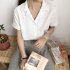 Women Summer Chiffon Shirt Lapel Collar Solid Color Short Sleeve Tops Casual Bottoming Shirt black L