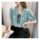 Women Summer Chiffon T-shirt Short Sleeves Double-layer Doll Collar Blouse Casual Solid Color Loose Tops Lake Blue L