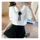 Women Summer Chiffon T-shirt Short Sleeves Double-layer Doll Collar Blouse Casual Solid Color Loose Tops White M