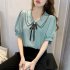 Women Summer Chiffon T shirt Short Sleeves Double layer Doll Collar Blouse Casual Solid Color Loose Tops White 3XL