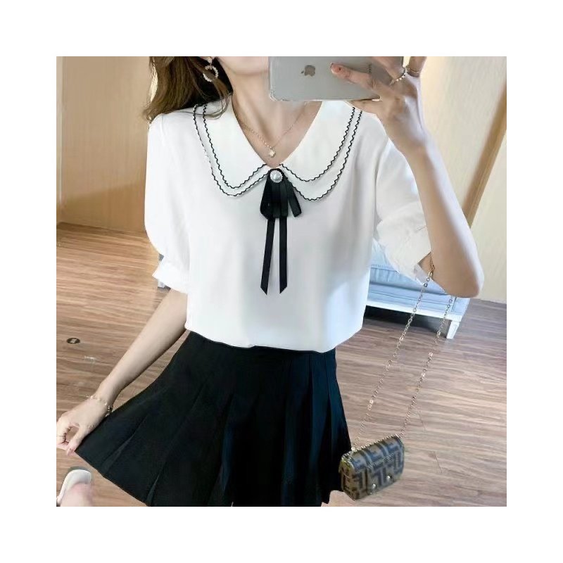 Women Summer Chiffon T-shirt Short Sleeves Double-layer Doll Collar Blouse Casual Solid Color Loose Tops White 3XL