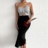 Women Summer Cut Out V Neck Dress Sleeveless High Waist Bodycon Skirt Contrast Color Mid length Skirt flecking gray S