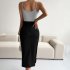Women Summer Cut Out V Neck Dress Sleeveless High Waist Bodycon Skirt Contrast Color Mid length Skirt flecking gray L