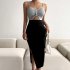 Women Summer Cut Out V Neck Dress Sleeveless High Waist Bodycon Skirt Contrast Color Mid length Skirt flecking gray L