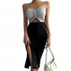 Women Summer Cut Out V Neck Dress Sleeveless High Waist Bodycon Skirt Contrast Color Mid-length Skirt flecking gray XL