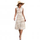 Women Summer Dress Fashion Retro Printing Sleeveless Long Skirt Casual Lapel Breathable A-line Skirt White S