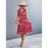 Women Summer Dress Fashion Retro Printing Sleeveless Long Skirt Casual Lapel Breathable A line Skirt White S