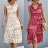 Women Summer Dress Fashion Retro Printing Sleeveless Long Skirt Casual Lapel Breathable A line Skirt White S