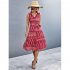 Women Summer Dress Fashion Retro Printing Sleeveless Long Skirt Casual Lapel Breathable A line Skirt red M