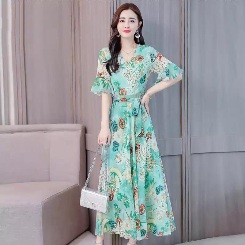 Women Summer Elegant Printing Slim Ruffle Sleeve All-match Long Dress green_M