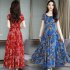Women Summer Fashion Flower Printing Thin Waist Short Sleeve A line Long Dress Light blue XL