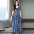 Women Summer Fashion Flower Printing Thin Waist Short Sleeve A line Long Dress red XXL