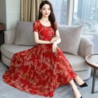 Women Summer Fashion Flower Printing Thin Waist Short Sleeve A line Long Dress red XXL