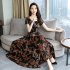 Women Summer Fashion Flower Printing Thin Waist Short Sleeve A line Long Dress black L