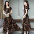 Women Summer Fashion Flower Printing Thin Waist Short Sleeve A line Long Dress black L