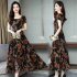 Women Summer Fashion Flower Printing Thin Waist Short Sleeve A line Long Dress black XL