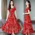 Women Summer Fashion Flower Printing Thin Waist Short Sleeve A line Long Dress Red   M