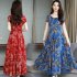 Women Summer Fashion Flower Printing Thin Waist Short Sleeve A line Long Dress Red   M