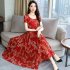 Women Summer Fashion Flower Printing Thin Waist Short Sleeve A line Long Dress red XL