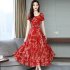 Women Summer Fashion Flower Printing Thin Waist Short Sleeve A line Long Dress red XL