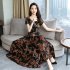 Women Summer Fashion Flower Printing Thin Waist Short Sleeve A line Long Dress black XXL