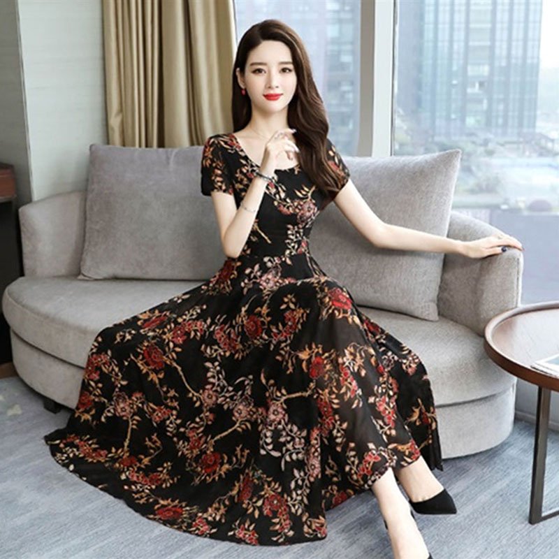 Women Fashion Flower Printing Long Dress