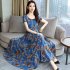 Women Summer Fashion Flower Printing Thin Waist Short Sleeve A line Long Dress Light blue XL