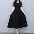 Women Summer Fashion Leisure Solid Color Large Size Long Lace Stitching Dress black XXXL