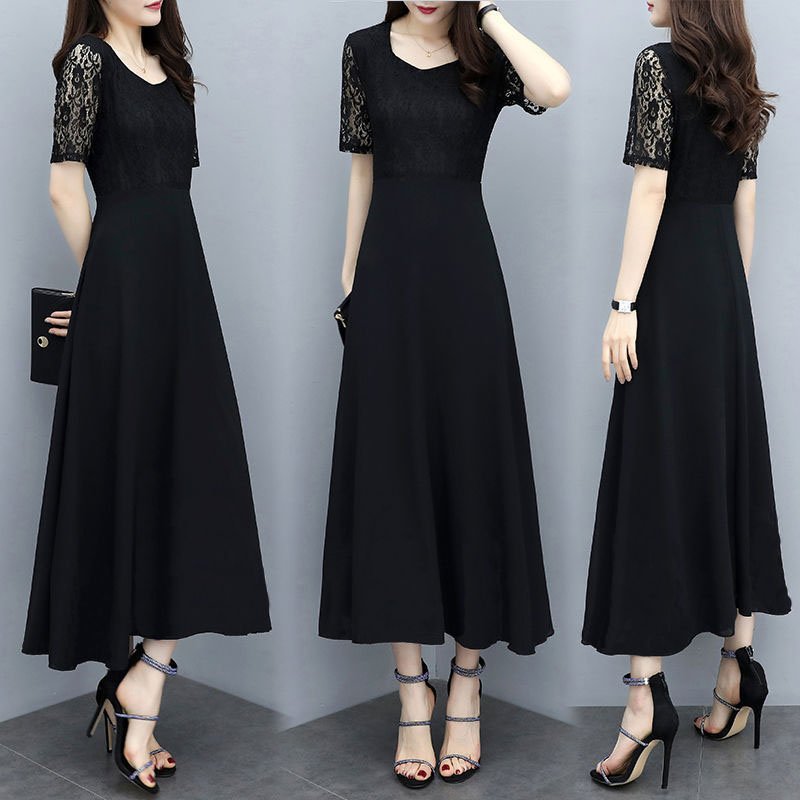 Women Summer Fashion Leisure Solid Color Large Size Long Lace Stitching Dress black_XXXL