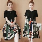 Women Summer Fashion Printing Splice Loose Short Sleeve A-line Dress Photo Color_2XL [58- 65kg]