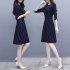 Women Summer Fashion Stripe Printing Thin Waist Three Quarter Sleeve A line Dress Dark blue L
